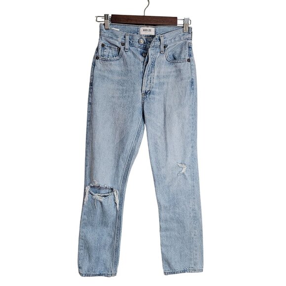 Agolde Riley High Rise Straight Crop Jeans Womens 23 Light Wash Distressed 100% - Picture 2 of 16